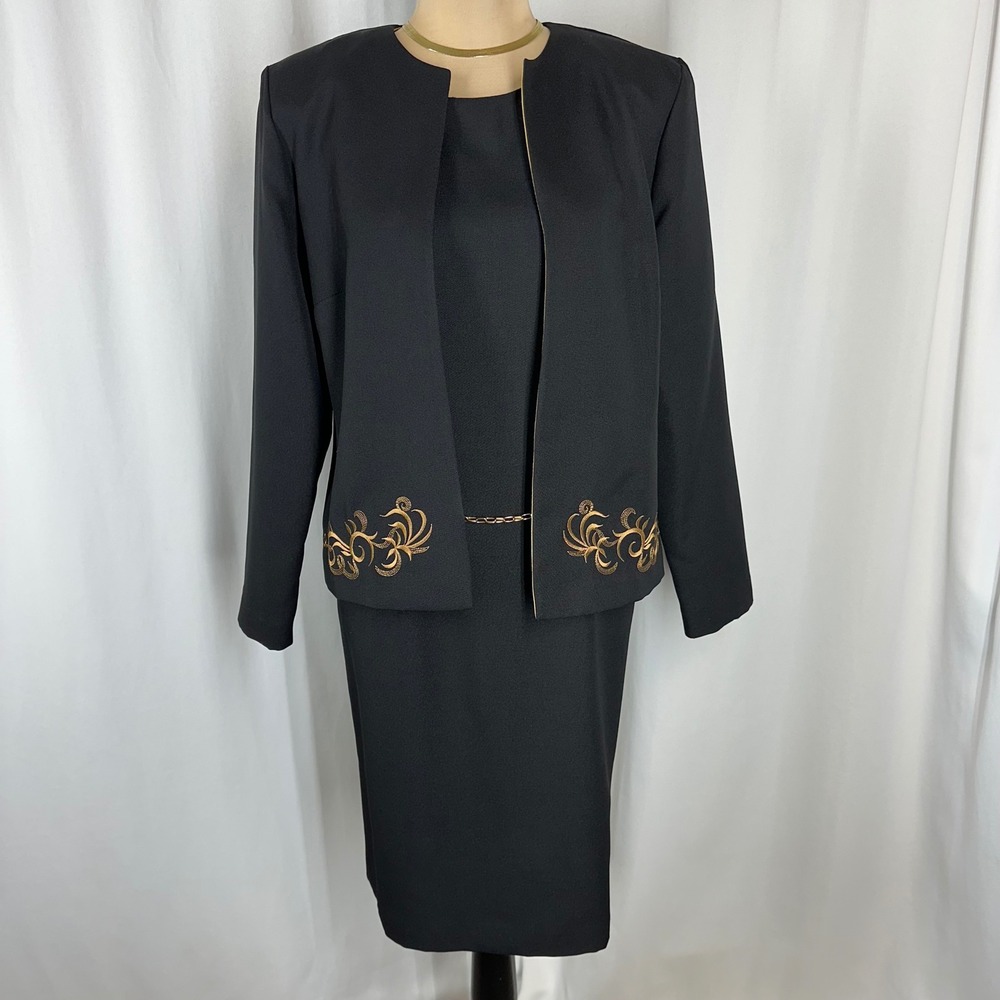 Vintage Peri Petites 10P Black Gold Embroidered Dress Jacket 2 Piece Set